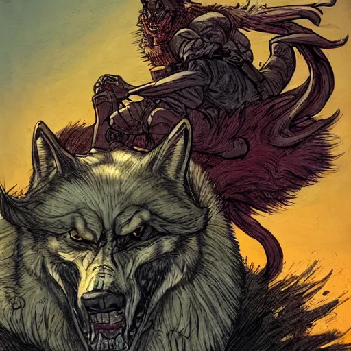 Prompt: precisely drawn illustration of orc riding wolf, wide angle, sharp, fine details, french comic style, vibrant realistic colors, full color, heroic fantasy, intense line art, 8 k, precise linework, realistic, in the style of heavy metal comics and richard corben and moebius