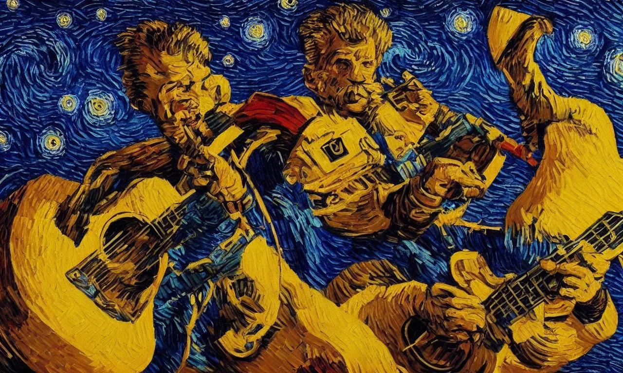 Image similar to 'high definition cg painting of a soviet cosmonaut playing the guitar in the style of van gogh's starry night'