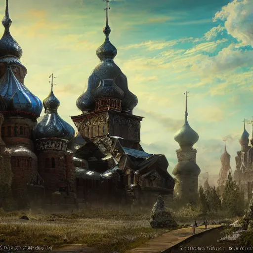 Image similar to photo ancient Slavic Russian city of Kitezh y Viktor Vasnetsov, concept art, magical city, fantasy cityscape, ancient Slavs, wooden buildings, ancient Russian architecture, terem, hyperborea, top cinematic lighting , cinematic mood, very detailed, 8k, high resolution, trending on artstation, artstationHD,