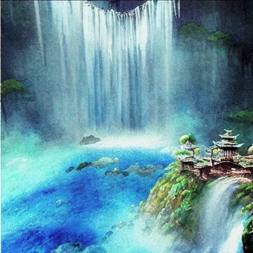 Prompt: “ ancient portal to other dimension in middle of waterfall in studio ghibli film, very detailed, masterpiece, chinese water color painting ”