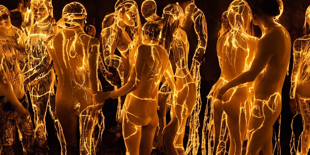 Image similar to love, translucent people with glowing body paint, from behind, rebirth, wide angle, cinematic atmosphere, elaborate, highly detailed, dramatic lighting