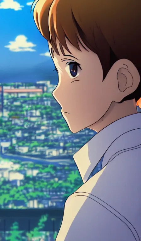 Image similar to anime fine details portrait of school boy in front of modern tokyo city landscape on the background deep bokeh, close-up view, anime masterpiece by Studio Ghibli, 8k, sharp high quality anime, artstation