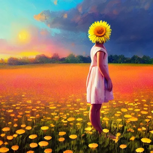 Prompt: head made of giant daisies, girl standing barefoot in a vast flower field, surreal photography, sunrise dramatic light, impressionist painting, colorful clouds, large sky, digital painting, artstation, simon stalenhag, flower face