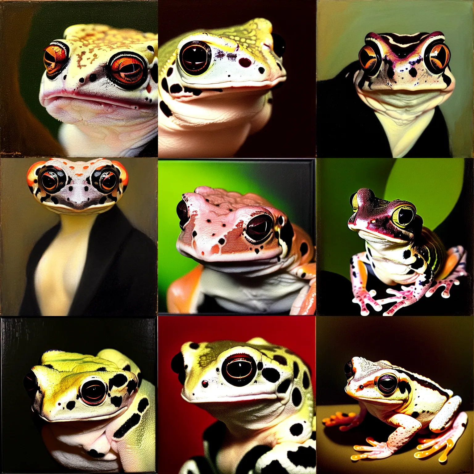 Prompt: a head - and - shoulders portrait of an amazon milk frog looking off camera wearing a black double buttoned jacket, an american romanticism painting, a portrait painting, cgsociety, soft focus, oil on canvas