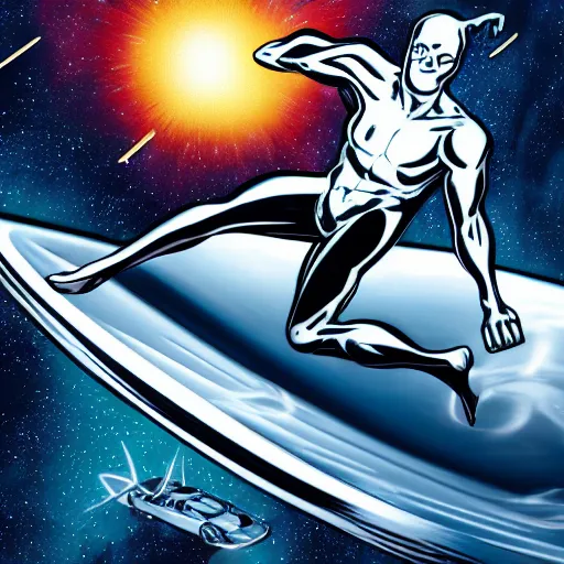 Prompt: silver surfer surfing on top of a car in space, heavy motion blur, steve ditko, 4k