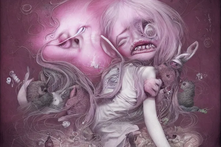 Image similar to Keeping you sane And you fade away just enough, You felt the edge again, You took two pills And you fell asleep, Hugging six rabbits, And having pink nightmares, concept art, trade on artstation, sharp focus, psychedelic, by Yoshitaka Amano, Mark Ryden, Gloom, Peter Mohrbacher, fantasy art, masterpiece, Hyperrealism. Subsurface scattering. Octane Render. Weirdcore