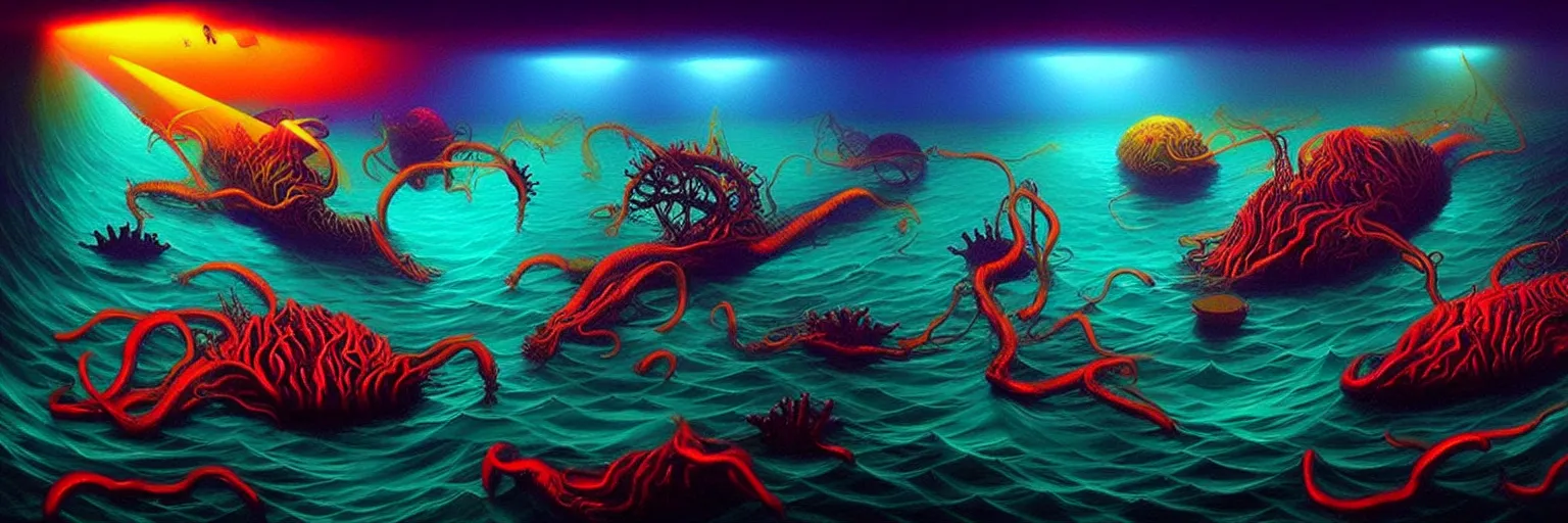 Image similar to strange sea creatures from the depths of the collective unconscious, dramatic lighting, surreal darkly colorful painting by ronny khalil