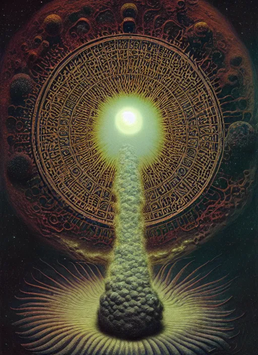 Image similar to antediluvian occult cosmology, panspermia, by daniel arsham and robert hooke and ernst haeckel and agostino arrivabene and joaquin sorolla and martin johnson heade, rule of thirds, vivid colours, negative space, atmospheric, digital painting, artstation, concept art, smooth, sharp focus