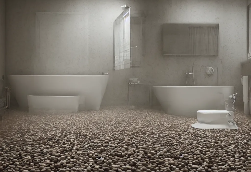 Image similar to kodak portra 4 0 0 photographic and realistic, interior of a bathroom, detailed, octane render, unreal engine, 4 k, artstation, hyper realistic, wide angle, floor flooded with beans, river, objects that float, 3 5 mm, sharp focus, soft light, volumetric light, in the style of gregory crewdson