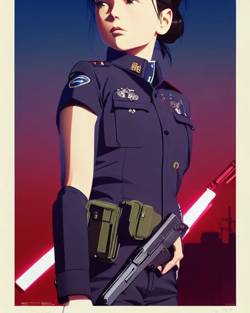 Prompt: girl wearing uniform, holding pistol at side, side view, looking down | | audrey plaza, fine detail!! anime!! realistic shaded lighting!! poster by ilya kuvshinov katsuhiro otomo ghost - in - the - shell, magali villeneuve, artgerm, jeremy lipkin and michael garmash and rob rey