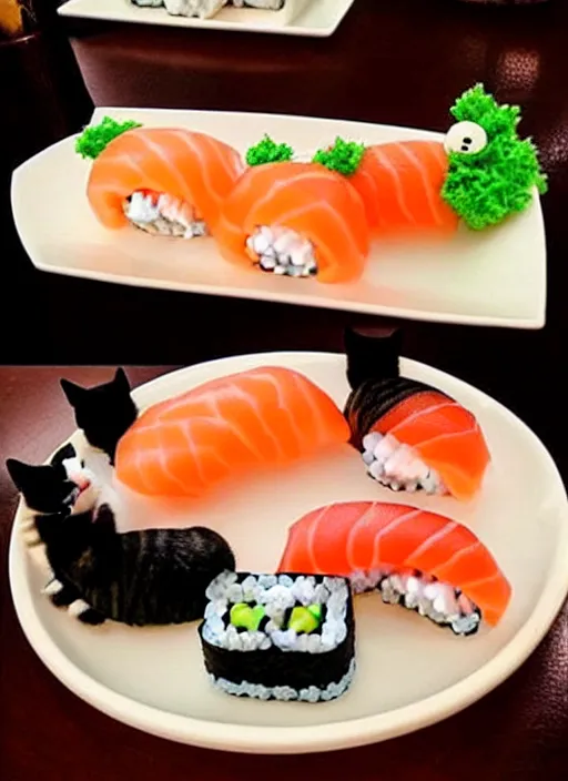 Image similar to clear photorealistic picture of adorable cats made out of sushi