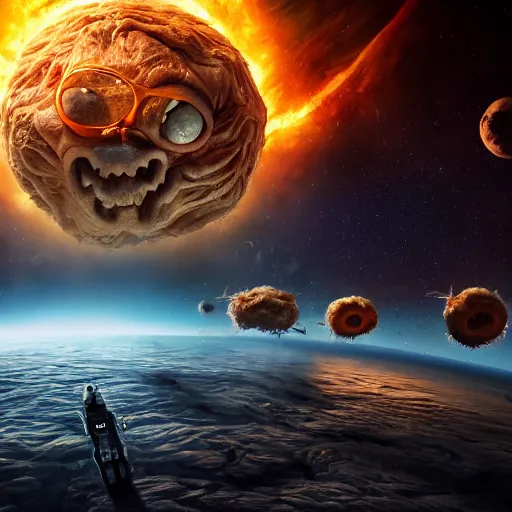 Image similar to eldritch horror bloody garfield in space, hd, 8 k, giant, epic, realistic photo, unreal engine, stars, prophecy, powerful, cinematic lighting, destroyed planet, debris, violent, sinister, ray tracing, dynamic, epic composition, dark, horrific, teeth, grotesque, monochrome drawing, hellscape