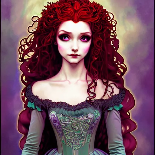 Prompt: a modern gothic lolita version of Princess Merida, face, fantasy, intricate, elegant, highly detailed, digital painting, artstation, concept art, smooth, sharp focus, illustration, art by Gerald Brom and Jasmine Becket-Griffith and Fernanda Suarez and alphonse mucha