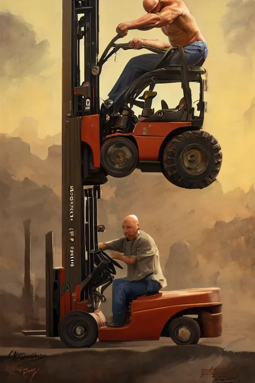 Prompt: a bald man driving a fork lift truck by Frank Frazetta, Ivan Aivakovsky, Boris Vallejo, epic character art, full length, Exquisite detail, post-processing, masterpiece, cinematic, 8k, ultra realistic, hyper detailed