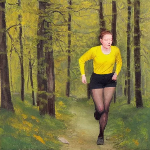 Image similar to a female orienteer wearing a yellow long - sleeved shirt and black tights runs in the forest, oil on canvas.