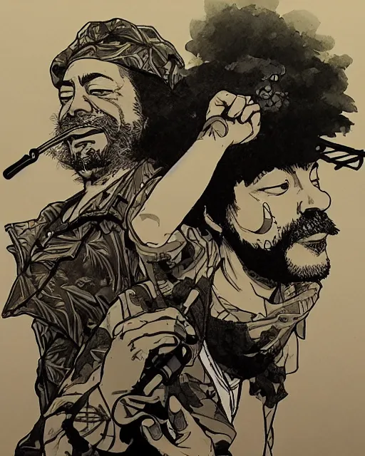 Prompt: portrait of cheech and chong smoking weed, concept art, sumi - e style, intricate linework, artstation, trending, highly detailed, smooth, focus, art by yoji shinkawa,
