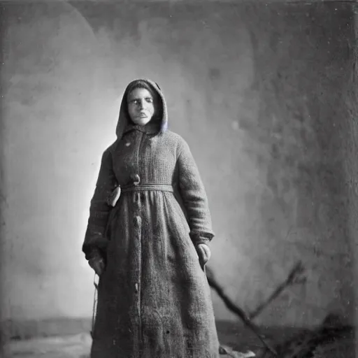 Image similar to Woman wearing burlap coat in Russia, 1839, photo, cinematic lighting, melancholy