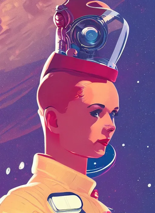 Image similar to illustration of the first female astronaut to reach and explore far off alien planet, retro futurism 1 9 5 0 s, half portrait by stanley artgerm, dramatic lighting, ilya kuvshinov, trending on artstation, flat colour, geometric curves, gradient filter, pleasing tone colours, by conrad roset