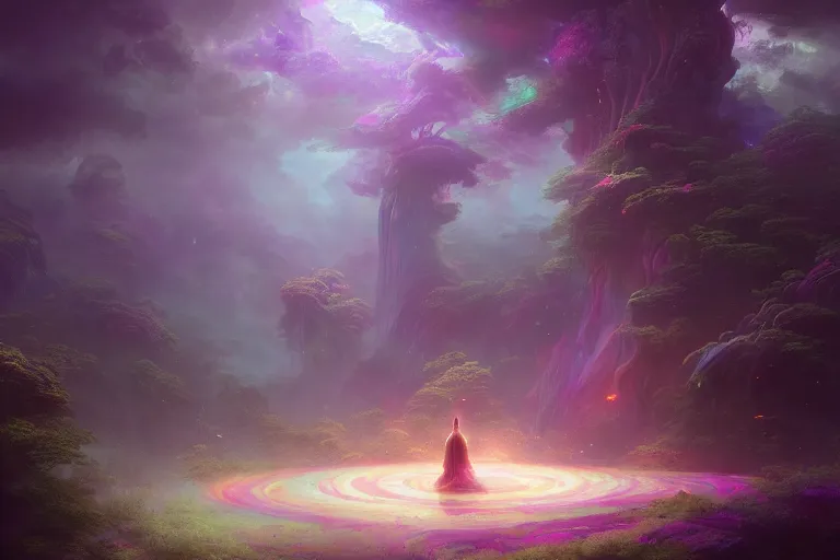 Image similar to a psychedelic realm hidden away in a pocket of ethereal understanding, astral beings sharing love, in the style of greg rutkowski, and wlop, and lisa frank, and bob ross, and ruan jia, illustration, epic, fantasy, hyper detailed, smooth, unreal engine, sharp focus, ray tracing