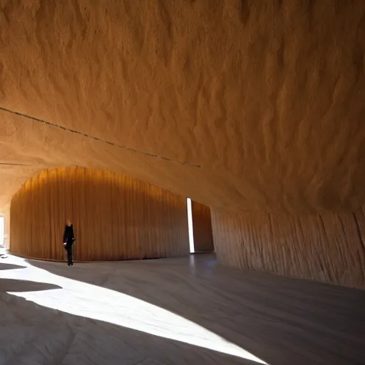 Image similar to indoor photo of a complex cultural building made of 3 d printed rammed earth, people walking