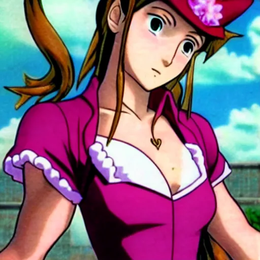 Image similar to aerith gainsborough in jojos bizarre adventure, high quality