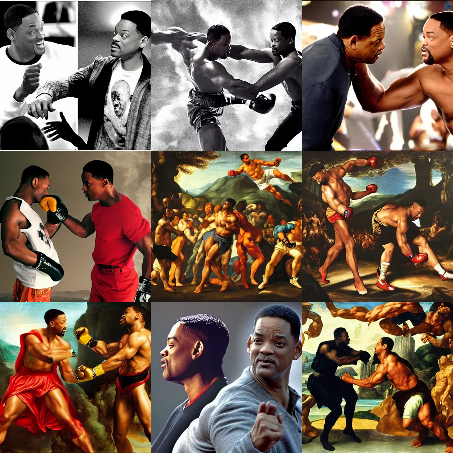 Image similar to will smith punching chris rock, the creation of adam, style of michaelangelo