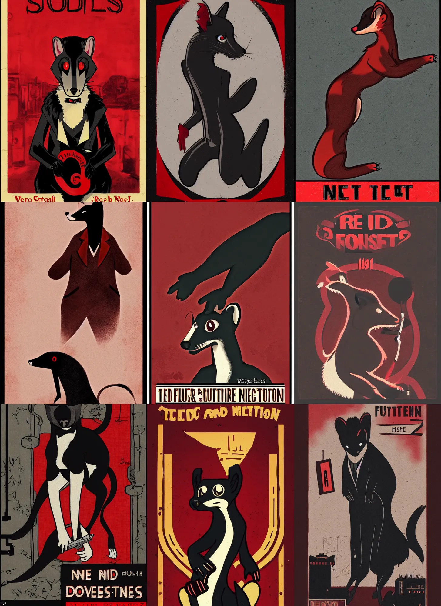 Prompt: red - and - black weasel / stoat fursona ( furry fandom ), neo - noir setting, 1 9 2 0 s detective fiction cover art style