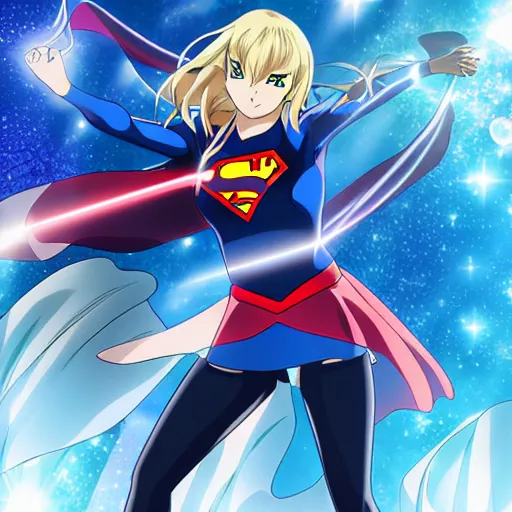 Prompt: anime visual of supergirl, laserbeam from eyes, official media