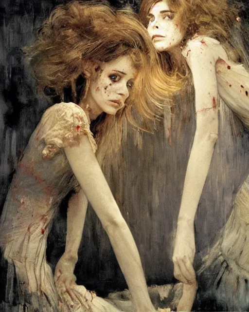 Prompt: two gorgeous but creepy siblings in layers of fear, with haunted eyes and wild hair, 1 9 7 0 s, seventies, wallpaper, a little blood, moonlight showing injuries, delicate embellishments, painterly, offset printing technique, by coby whitmore, jules bastien - lepage