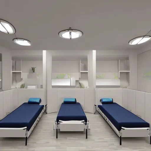 Prompt: victorian clinic interior with beds and screens, clean, matte painting, design