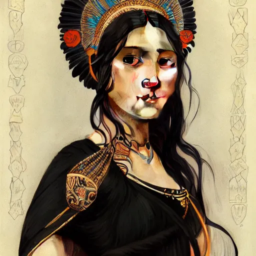 Image similar to portrait of a proud aztec moon goddess, with white skin, black dress, intricate, elegant, highly detailed, digital painting, artstation, concept art, smooth, sharp focus, illustration, art by artgerm and greg rutkowski and alphonse mucha and william - adolphe bouguereau