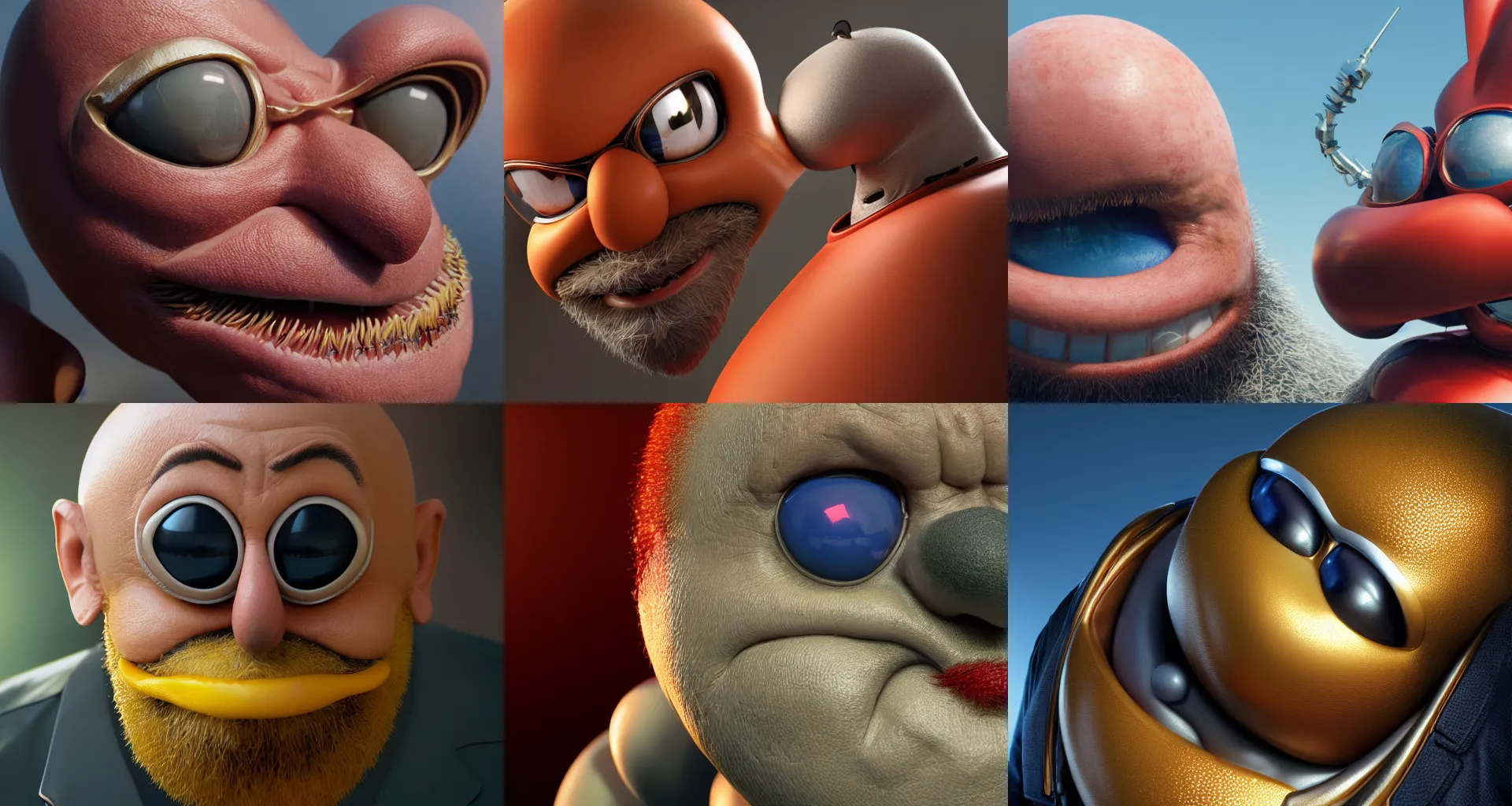 Prompt: incredibly realistic, too detailed face of dr. robotnik eggman, octane render, bump mapping, macro image, global illumination, 8 k, bokeh, enki bilal, yuji himukai, jen zee, mohrbacher