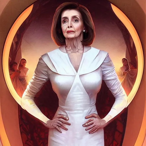 Image similar to Nancy Pelosi is alien princess, white body dress, dramatic, open arms, detailed face, cinematic lighting, intricate, elegant, highly detailed, digital painting, artstation, sharp focus, illustration, art by artgerm and greg rutkowski and alphonse mucha and Wayne Barlowe and william-adolphe bouguereau