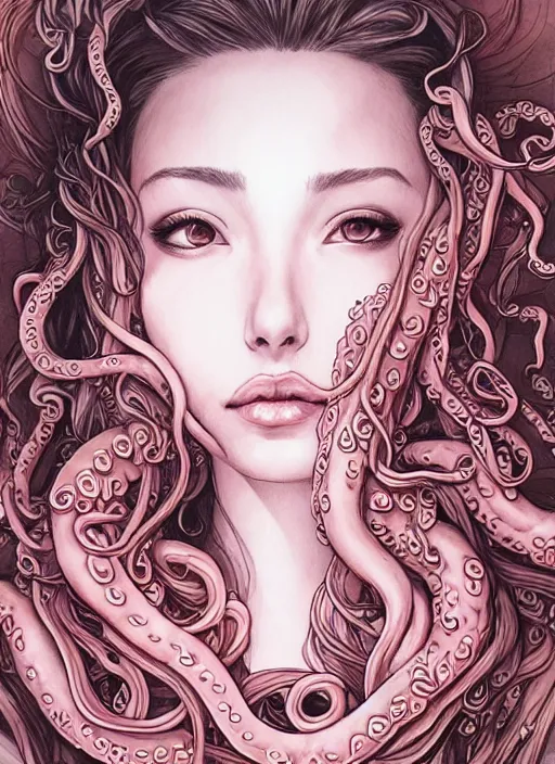 Image similar to bemused to be enveloped in slimey tentacles Aerith Gainsborough  portrait looking straight on, complex artistic color ink pen sketch illustration, full detail, gentle shadowing, fully immersive reflections and particle effects, concept art by Artgerm