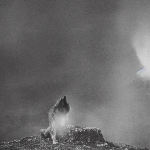 Prompt: a wolf, she eating meat, in volcano, standing close to volcano, fire raining, professional photography, black and white, cinematic, eerie