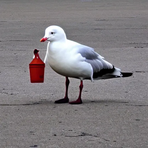 Prompt: a gull throwing a trash can, in the style of princess mononoke