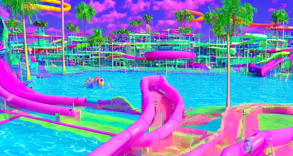 Prompt: 80s vaporwave outrun 3d Render of a water park, liminal space retro, grainy, noisy