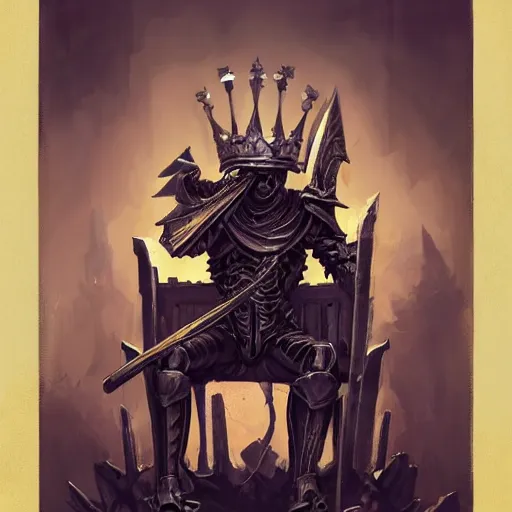 Image similar to Skeleton King, plate armour, resting on his throne, crown, oil painting, by Fernanda Suarez and Greg Rutkowski