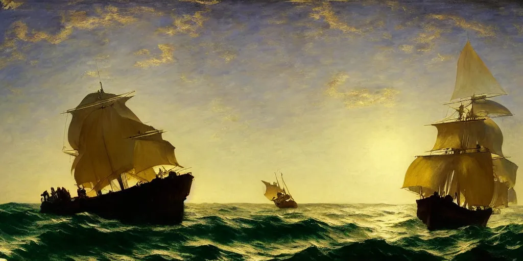 Prompt: Pirate ship sailing in a sea of clouds by Gustave Courbet and Edward Hopper, overflowing with gold, star lit sky, ultra realistic, 4k