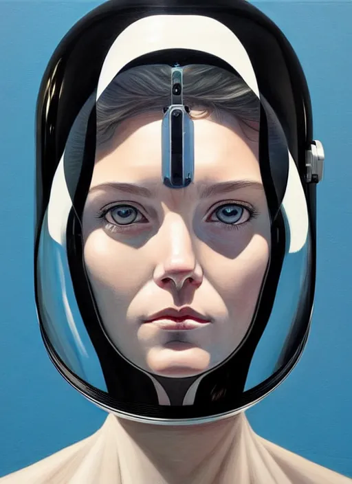 Image similar to artwork by james jean and Phil noto; a close up on the face of a beautiful woman in a future space suit; wearing futuristic astronaut helmet; highly detailed; pretty eyes; circular black pupils; artwork by james jean and Phil noto