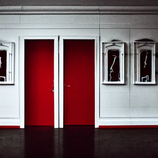 Image similar to a white room with multiple red doors, surreal, creepy, unsettling, liminal space,