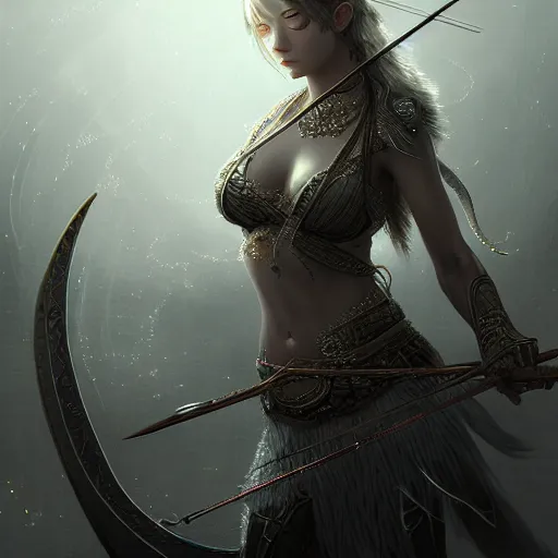 Image similar to beautiful extremely detailed intricate concept art depicting an archer by wlop. shining jewelry. grey atmosphere. particles in the background. deviantart