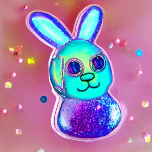 Prompt: iridescent bunny with rainbow colored crystals and gems in the king's treasury.