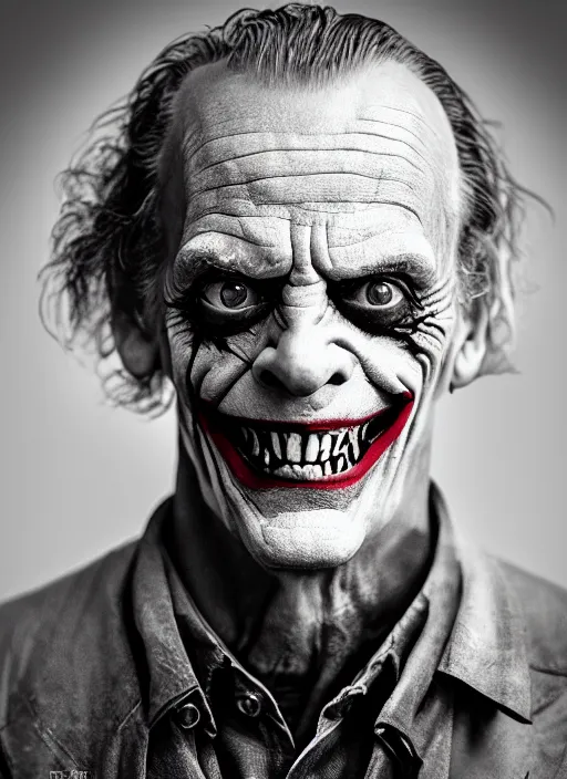 Image similar to photo of Christopher Lloyd as the Joker by Eolo Perfido and Lee Jeffries, smile, head shot, detailed, award winning, Sony a7R