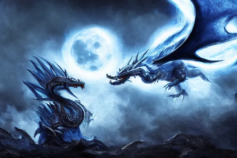 Image similar to an screaming blue and white dragon wearing armor, digital art, moonlight, blue mist, blue smoke,