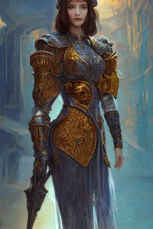 Image similar to portrait knights of Zodiac girl, metalic orange and dark blue reflected armor, in ruined Agora of Athens sunrise, ssci-fi, fantasy, intricate, very very beautiful, elegant, golden light, highly detailed, digital painting, artstation, concept art, smooth, sharp focus, illustration, art by tian zi and WLOP and alphonse mucha