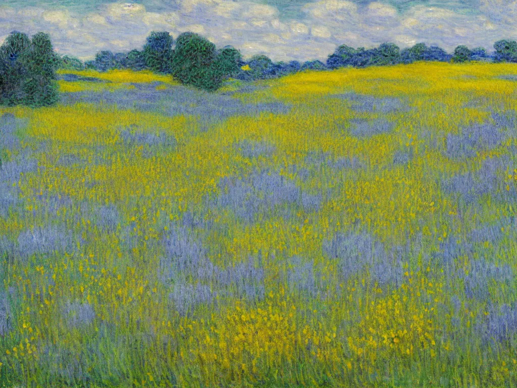 Prompt: a painting of a meadow on a cloudy day with blue grass and yellow flowers in the style of monet