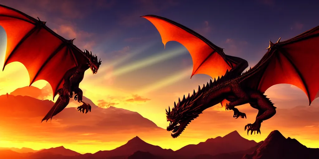 Prompt: fantasy portrait of a dragon in flight. Sunset. Volumetric light. Soft god rays. Surreal. Beautiful. Golden ratio. Rule of thirds. Mountains in the background. Game of thrones. Photorealistic.