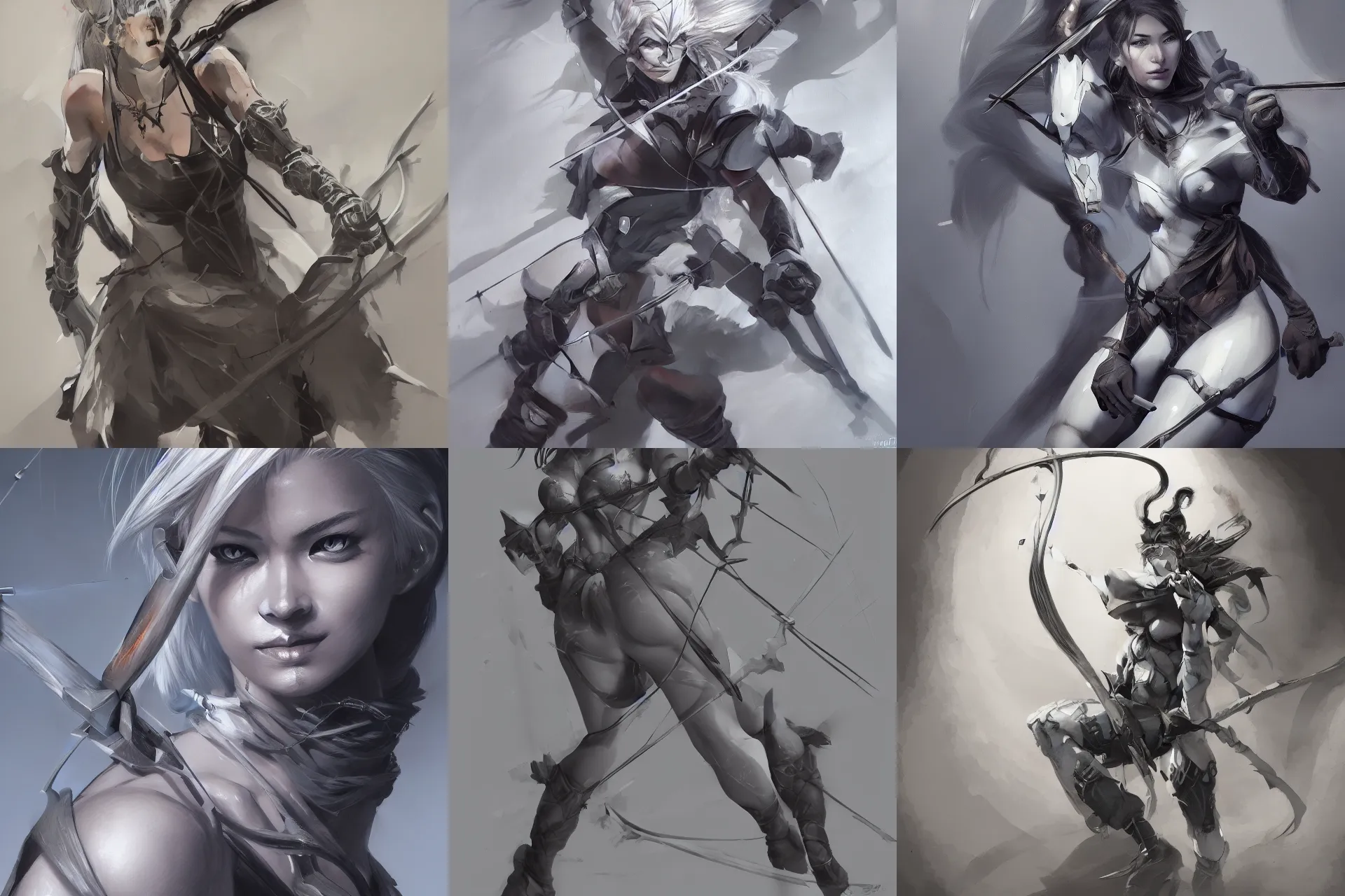 Image similar to a beautiful painting of a female archer with grey skin and a frost bow by Yoji Shinkawa, Drow Ranger, Dota, heavy line work, chiaroscuro lighting, beautiful and cool. Trending on ArtStation