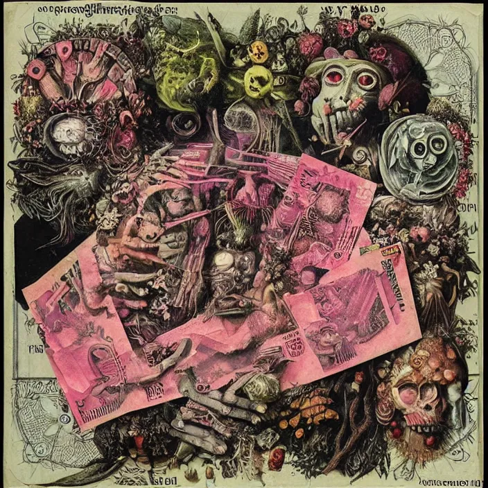 Image similar to post - punk new age album cover, asymmetrical design, dollar bank notes, capitalism, magic, apocalypse, psychedelic, black white pink, highly detailed, magic, giger h. r., giuseppe arcimboldo